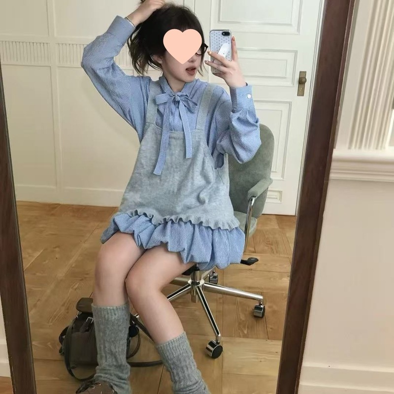 韩系复古格子蝴蝶结系带衬衫裙显瘦花苞裙女背心甜美套装秋季纽扣|undefined