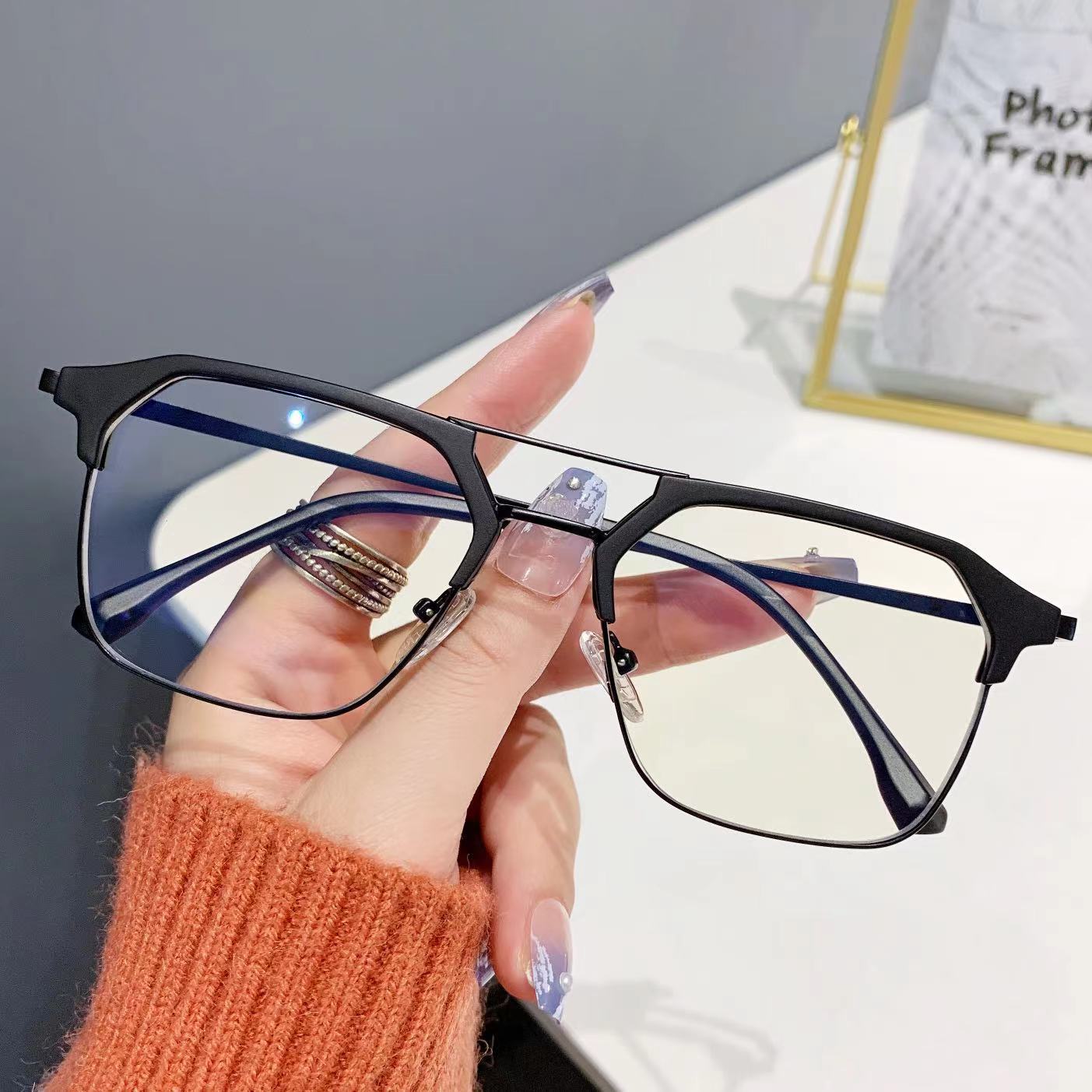 Minimalist Metal Double-beam Blue Light Blocking Glasses For Men_voghion.com