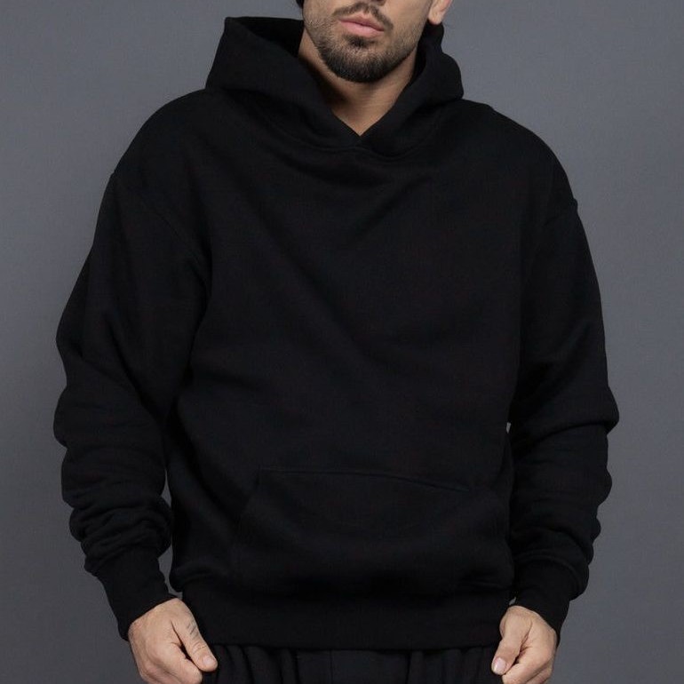 Nuova felpa con cappuccio nera da 400 g, per uomo e donna, con spalle cadenti, oversize, foderata in pile, spessa e calda, unisex, invernale_voghion.com