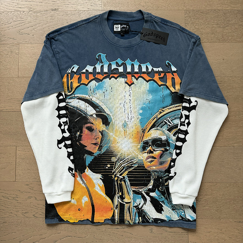 Al por mayor transfronterizo MideaGO Skull Metal Rock Band Robot camiseta de base de algodón suelta camiseta de manga larga
