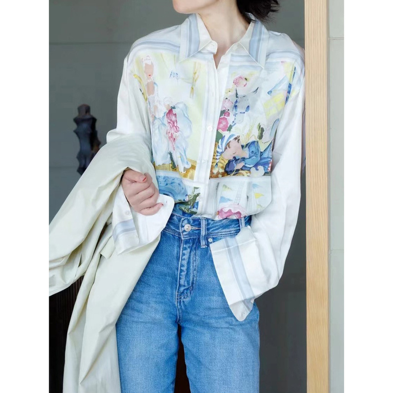 "Shili" Clearance Sale, No Returns or Exchanges, French-Style Snow White Print Silk Shirt S2478