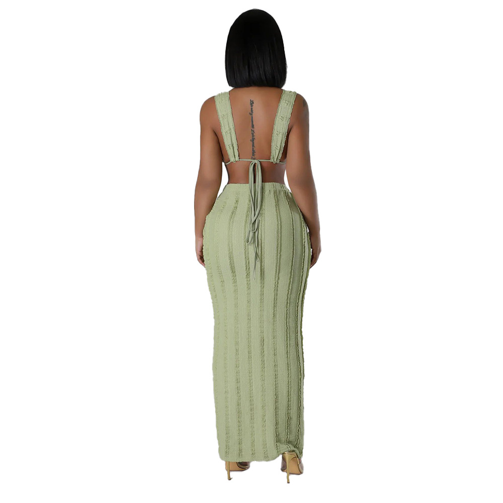 Completo da donna in denim con pizzo, senza maniche e schiena scoperta_voghion.com