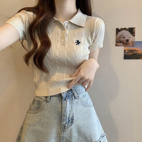 Stylish Sweet and Spicy Summer French Minority Fashion Polo Collar Knit Top Short Sleeve T-Shirt for Women Short Style Slimming Upper Body
