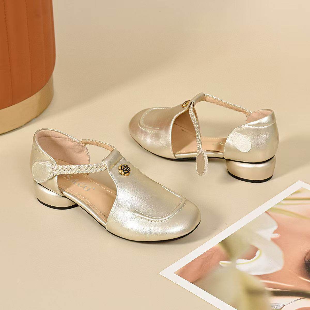 Sandal nữ da thật mũi tròn gót thấp đế mềm quai dán ma thuật — màu đen chi tiết 8