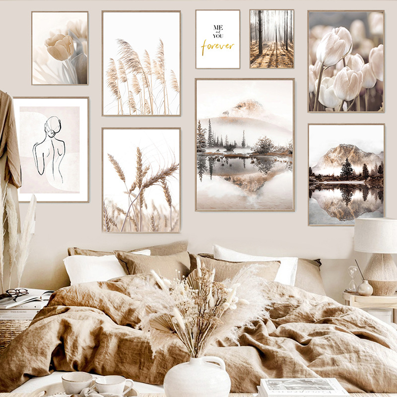 Nordic simple beige Lake landscape decorative painting Reed wheat ears living room decoration mural sofa wall painting frameless