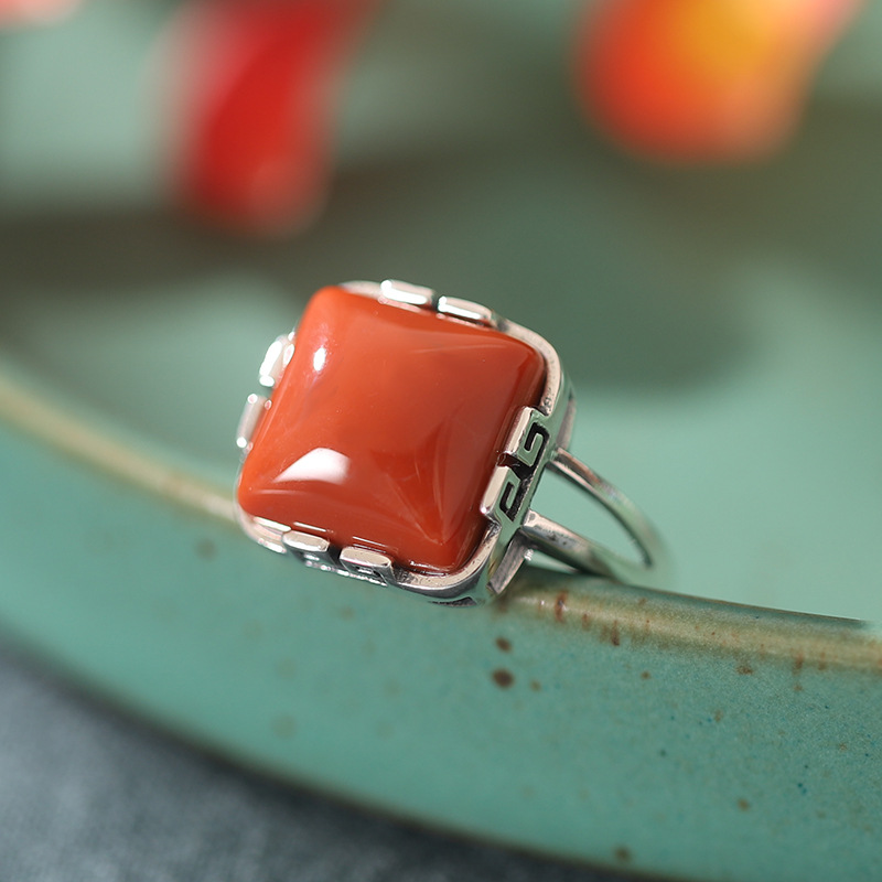 Square retro S925 silver inlaid Hetian jade geometric open ring