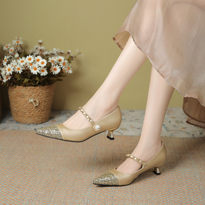 Chanel Style Single-layer Shoes for Women 2025 Spring New Elegant Pointed Sequins All-match High Heels with Skirt Mary Jane Shoes