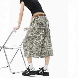 美式复古豹纹牛仔七分裤女男夏季多口袋阔腿中裤宽松休闲工装短裤