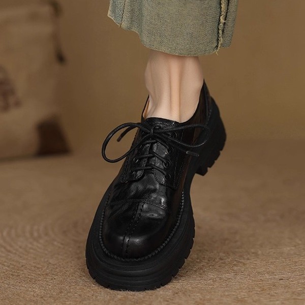 In-stock 022 Soft Leather Thick-soled Lace-up Women's Retro Commuter Loafers 2025 Spring/autumn Round-toe British Style_vogvips.com