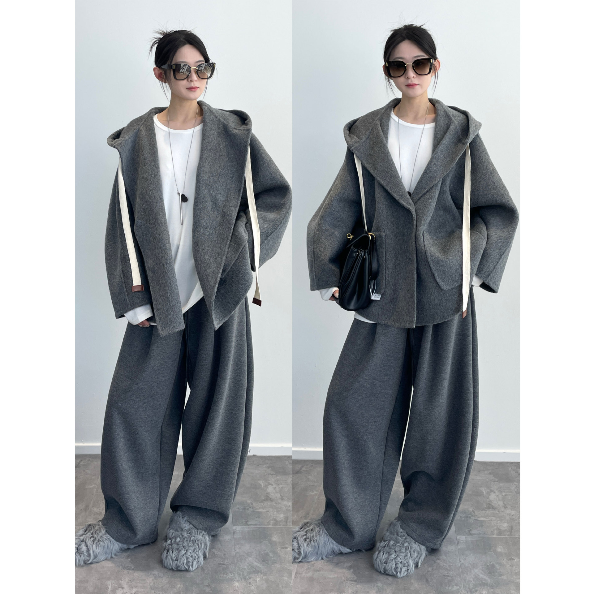 Nanyu Nanyou Order Quality Series 100 Sheep Wool ~ Loose Hooded Cocoon-Shaped Double-Sided Woolen Outwear Sweatshirt Jacket