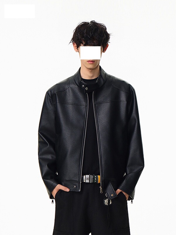 黑色垫肩短款皮衣高级感痞帅外套男立领夹克cleanfit美式PU机车服|undefined