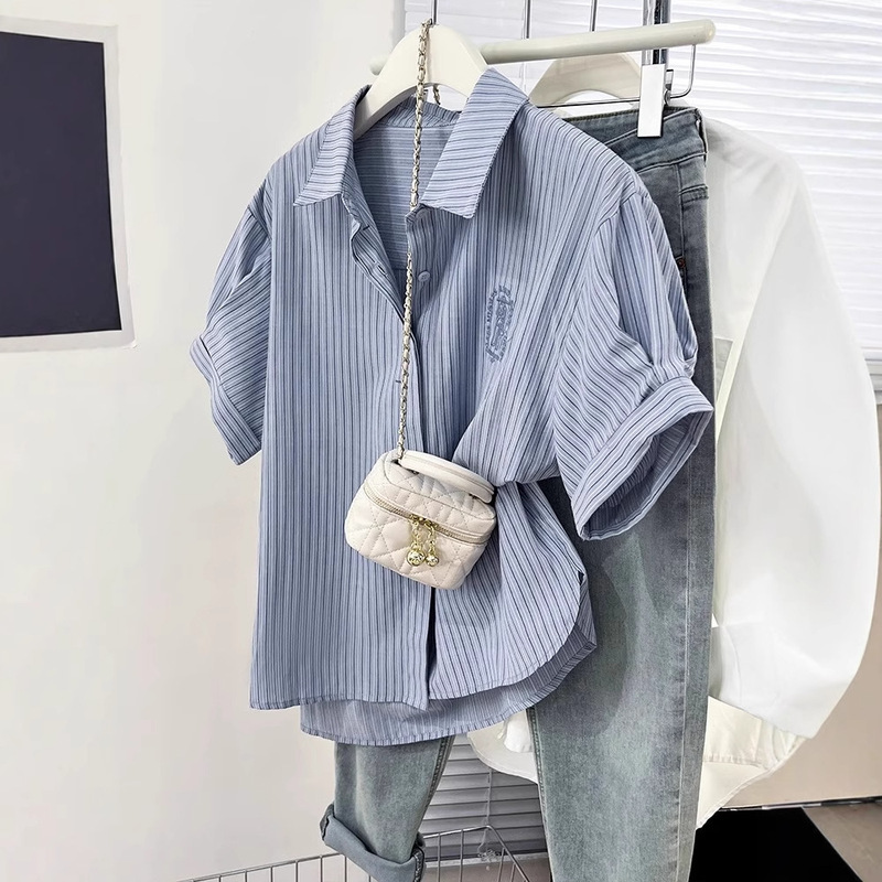 Striped Blue Embroidered Right Shoulder Short-Sleeved Shirt for Women Summer Design Niche Polo Shirt Casual Loose Top Striped Blue Embroidered Right Shoulder Short-Sleeved Shirt for Women Summer Design Niche Polo Shirt Casual Loose Top