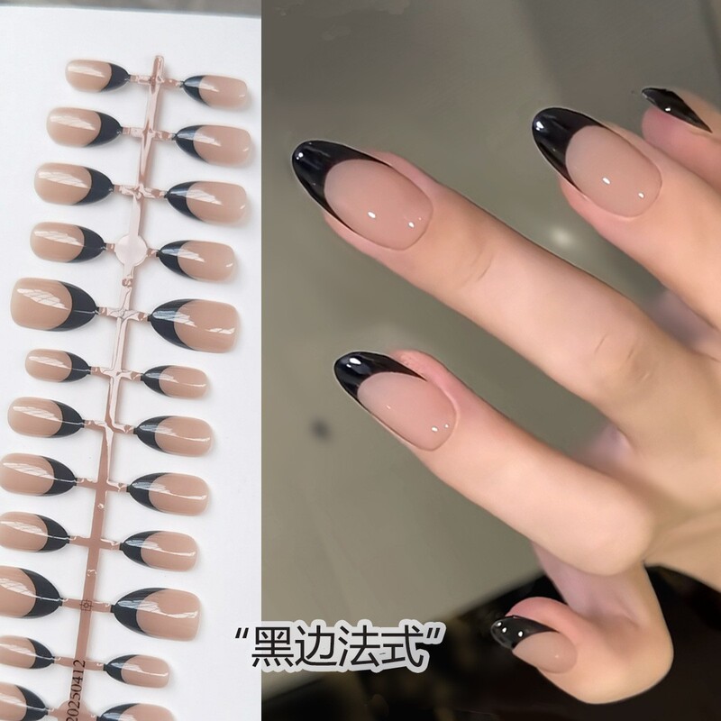 Almond Handmade Nails European and American Cross-Border Export 2025 New Style Simple Black French Versatile Wearable Nails 30 Pieces Short Style