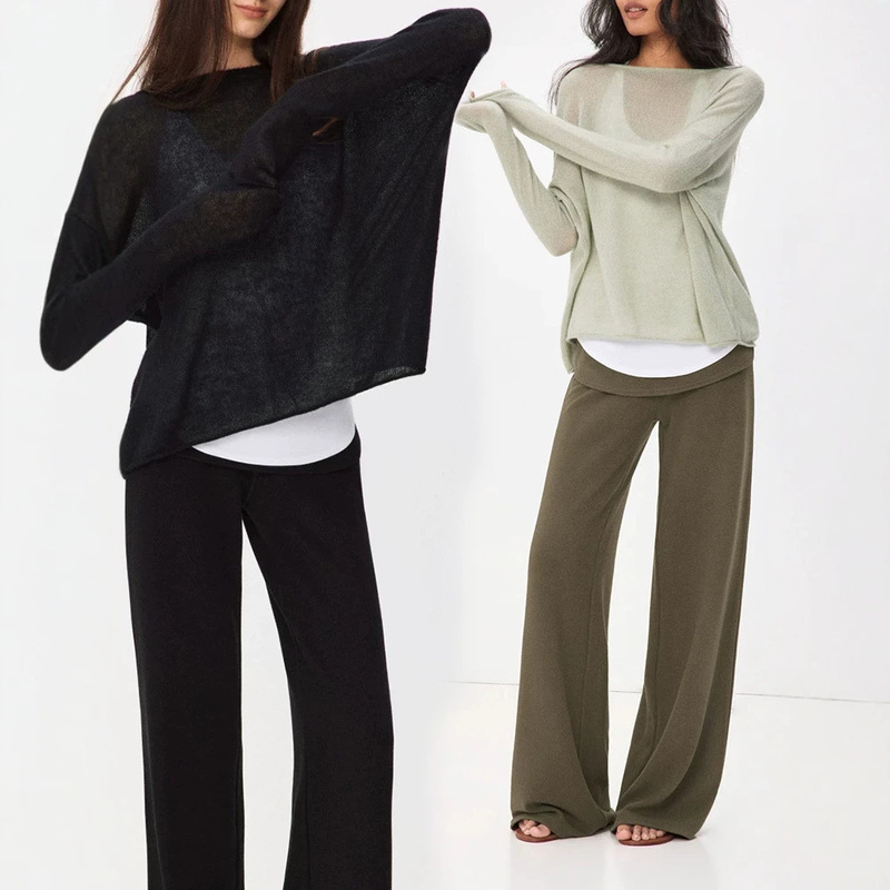 Chic and relaxed oversized boat-neck sheer knit cover-up, soft and skin-friendly layered long-sleeve top for women Chic and relaxed oversized boat-neck sheer knit cover-up, soft and skin-friendly layered long-sleeve top for women