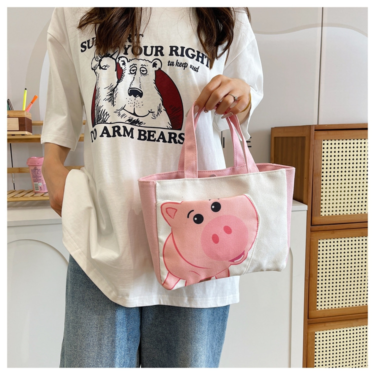 Cute cartoon printed small bag, 2024 summer new style hand-held piggy girl handbag, student storage canvas bag Application Scenario