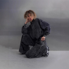 欧美跨境水洗重工两件套2025新款连帽卫衣和高腰系带拖地卫裤套装