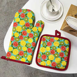 全棉印花隔热手套煲垫花朵水果图案厨房微波炉防烫手套垫子两件套