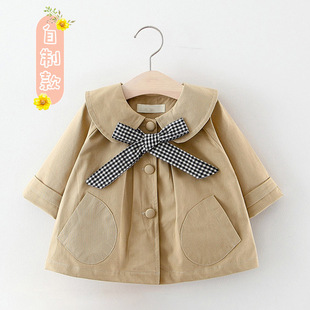 Children's thin coat autumn girls' baby Korean style solid color plaid bow tie windbreaker live supply wholesale delivery