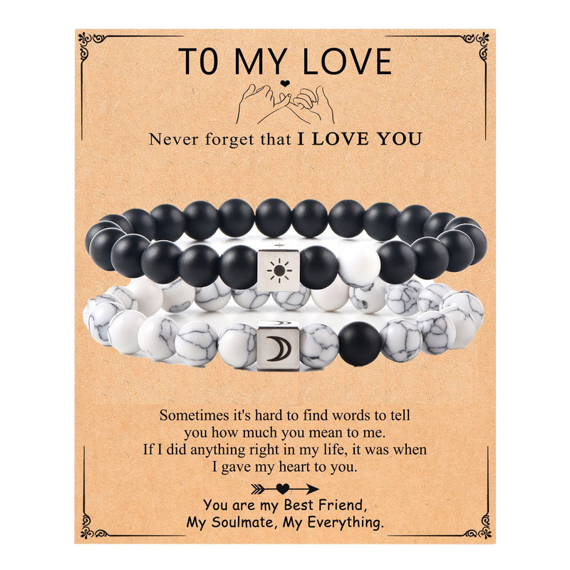 Couple Bracelet suit Black and White Beaded Bracelet Holiday Gift Stainless Steel Sun Moon Pendant Black and White Bracelet suit