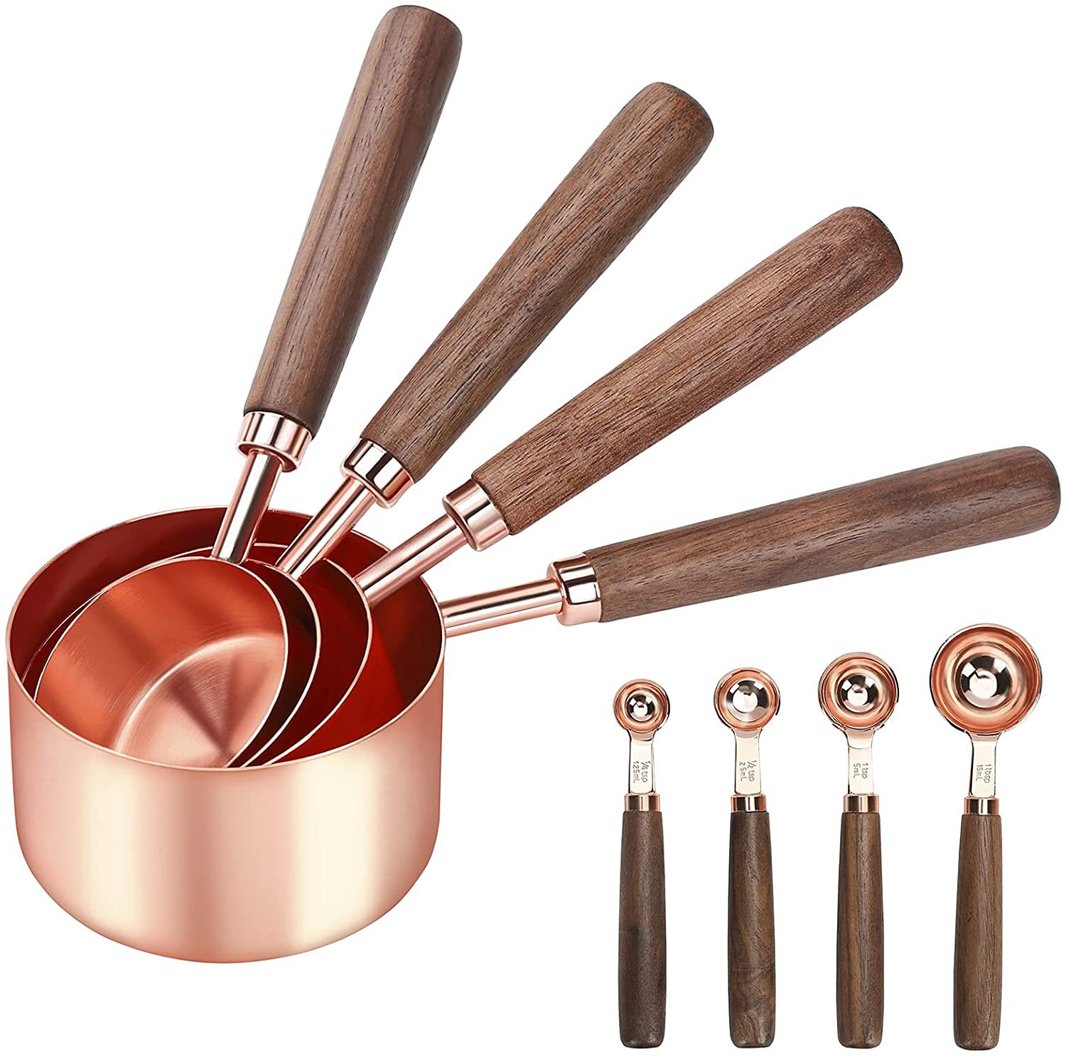 Stainless steel measuring cup and measuring spoon with walnut handle. Eight-piece set of measuring spoons and measuring spoons with graduated rose gold plating.