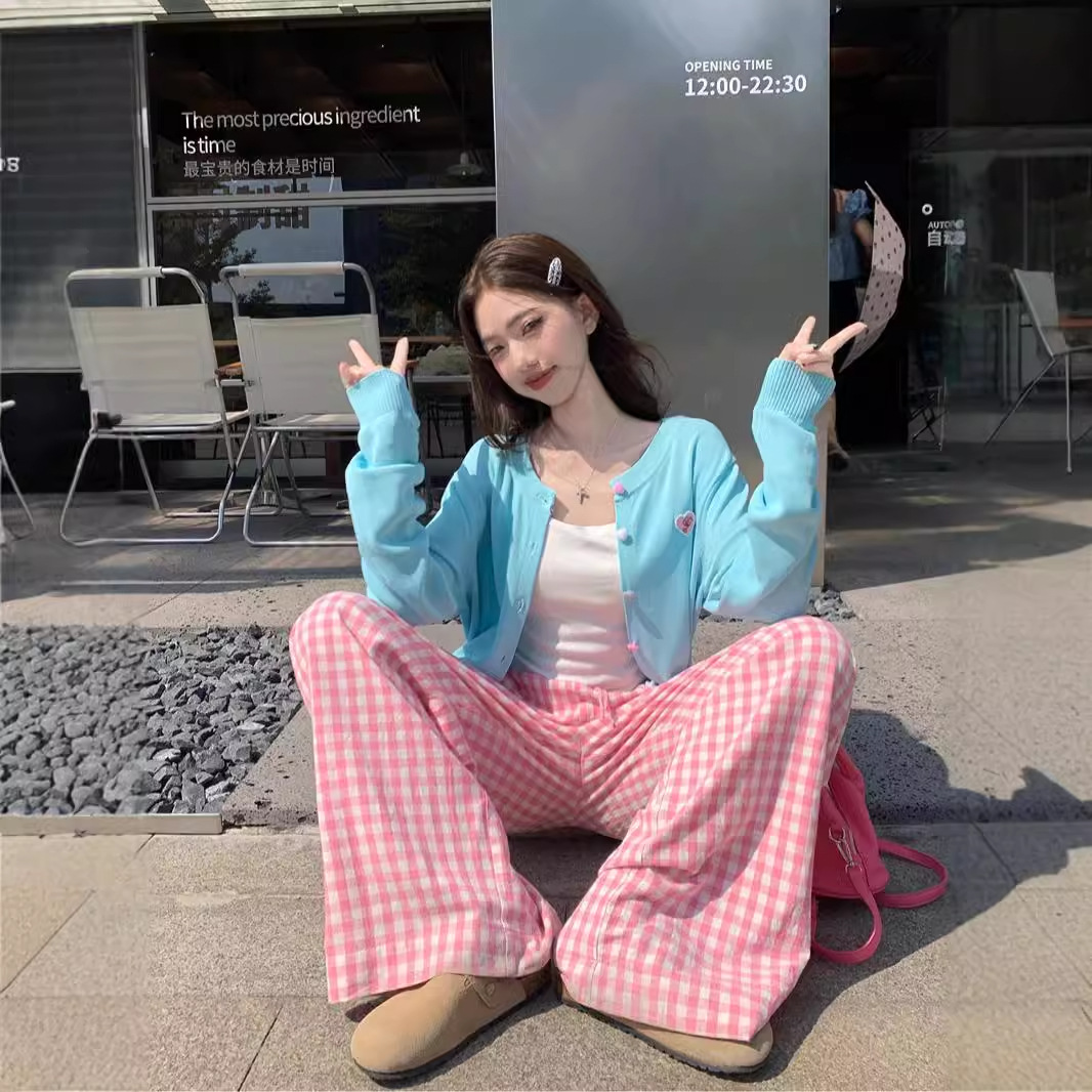 (2개) 가을 한국식 라이트 블루 슬림핏 긴팔 니트 카디건 스웨터 드로스트링 플레이드 카미솔