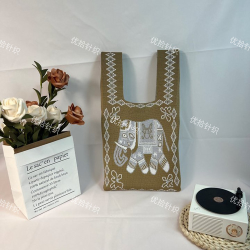 2024 Spring New Knitted Bag Top Handle Bag Ethnic Style Elephant Xishuangbanna Wrist Bag Shoulder Bag Trendy Bag