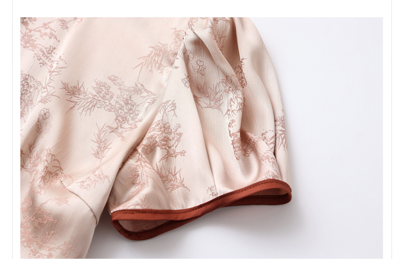 Áo sơ mi nữ cổ đứng tay bồng thêu họa tiết jacquard phong cách Trung Hoa mới — Hồng đào chi tiết 7