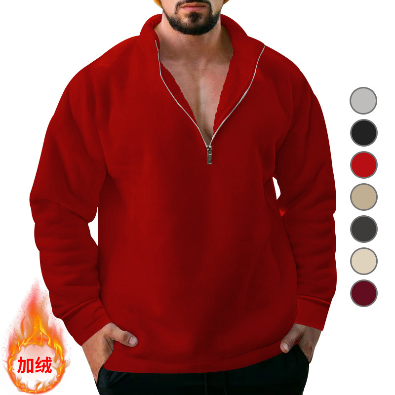 Sudadera de terciopelo para hombre, estilo informal, holgada, con cuello alto, media cremallera, color sólido, para otoño e invierno, de Amazon, transfronteriza.