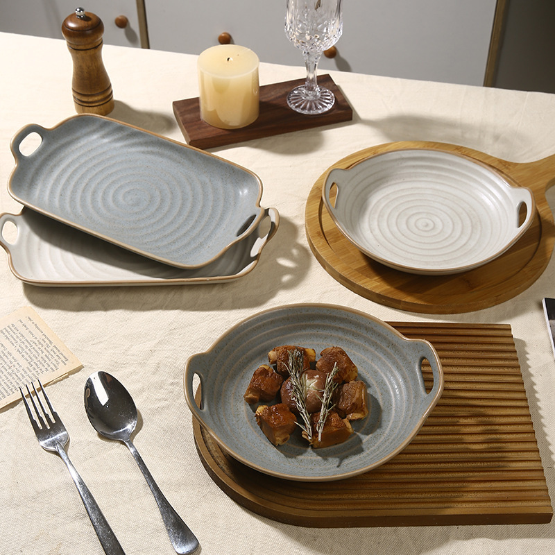 Pottery Double-ear Plate Creative Plate Japanese-style Household Western-style Plate Hotel Restaurant Commercial Tableware Steak Plate Steamed Fish Plate