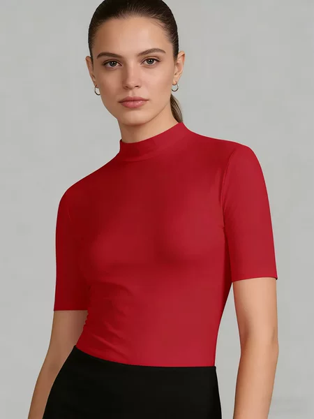 European and American Foreign Trade Women's Clothing Amazon Cross-Border Half-High Collar Short-Sleeved T-Shirt Women's Summer Hot Girl Slim-Fit Black Top