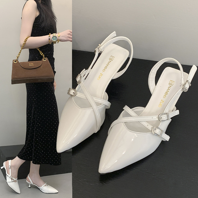 2025 New French Design Patent Leather Pointed Toe Shallow Mouth Belt Buckle High Heels Soft Sole Stiletto Shoes for Women