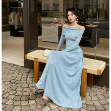 温柔气质甜美性感一字肩针织上衣时尚减龄显瘦高腰半身裙两件套装