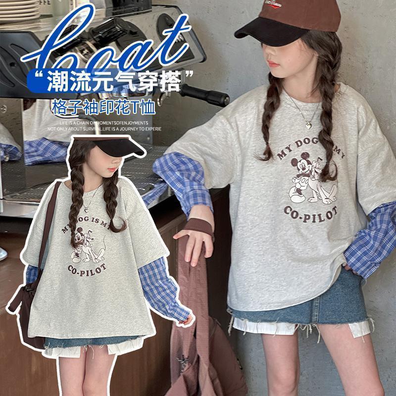 女童韩系格子拼接套头衫中大童春秋新款拼色卡通印花长袖打底衫潮|undefined