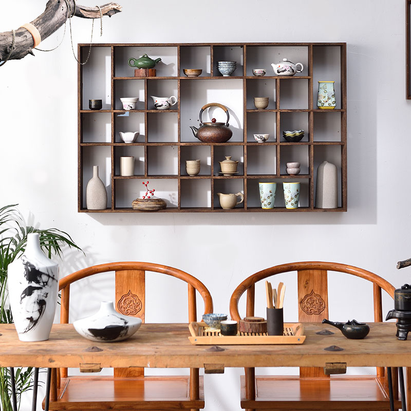 J&实木多宝阁茶杯架子茶壶茶具收纳置物壁挂展示架中式复古茶架48