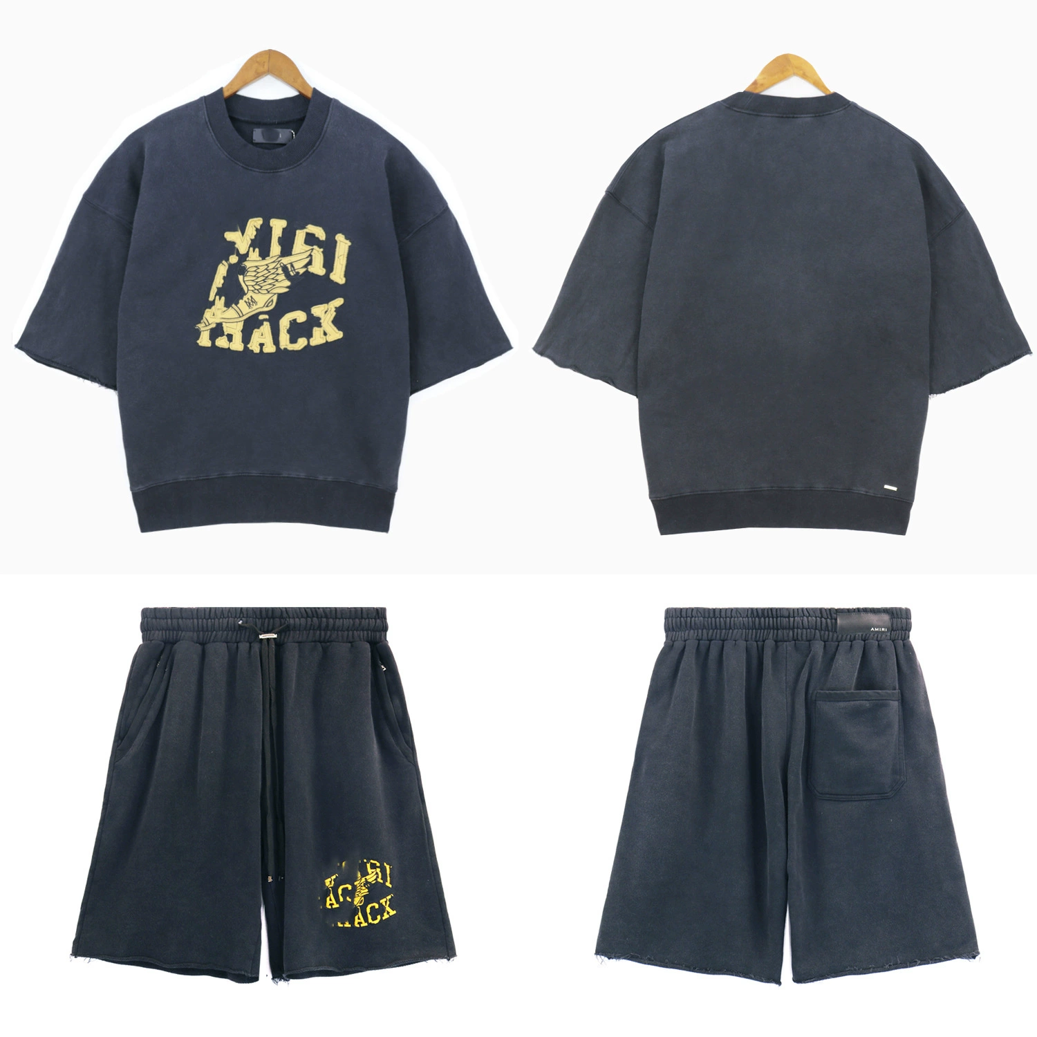 Европейская и американская AMIRI махра вышивка свободные с короткими рукавами для мытья воды старые спортивные повседневные шорты-шорты оптовая продажа
