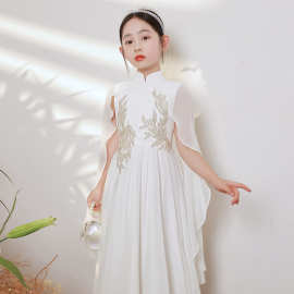 女童古筝演出服装大童儿童白色旗袍中国风演奏朗诵比赛合唱表演冬