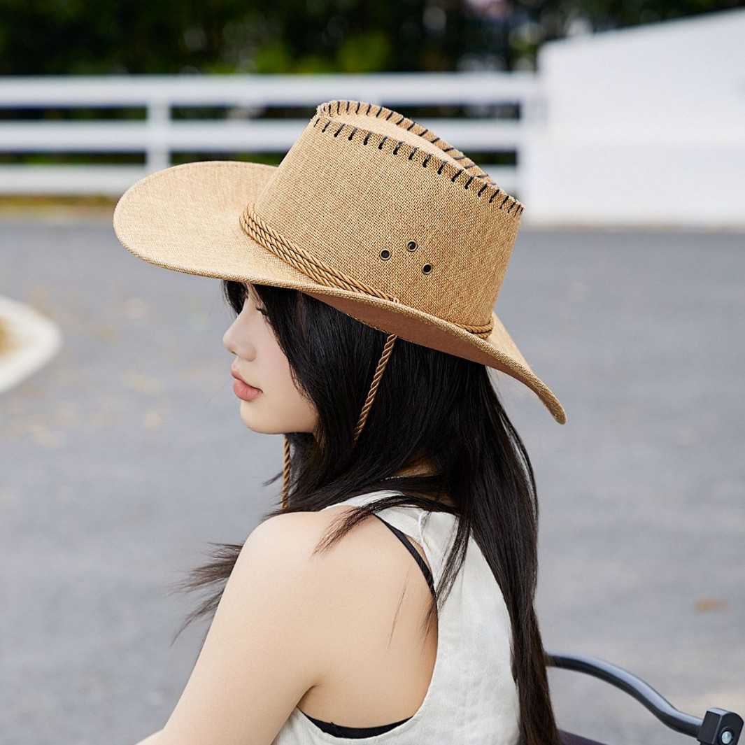 Sombrero Vaquero de Lino Unisex de Poliéster y Lino con Protección Solar para Pesca y Turismo