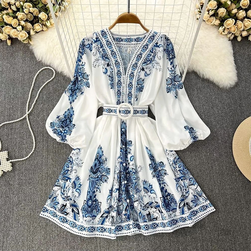 Women's Regular Dress Bohemian V Neck Printing Button Long Sleeve Flower Knee-length Holiday Daily display picture 1