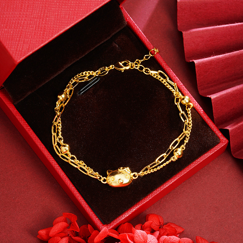 Nuevo estilo chino de la pulsera de oro de arena vietnamita de moda nacional doble capa lindo gatito joyas de mano femenina alta joyas al por mayor