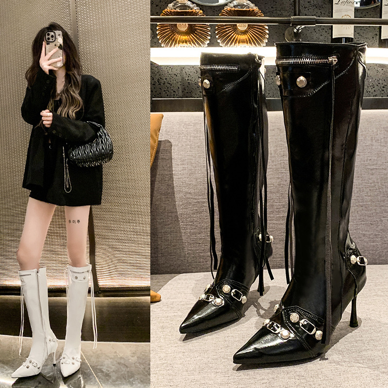 European and American Style Pointed-Toe Tassel Fashion Long Boots for Women, New Spring and Autumn Spicy Girl Metal Studded Riding Boots, Sexy High-Heeled Boots