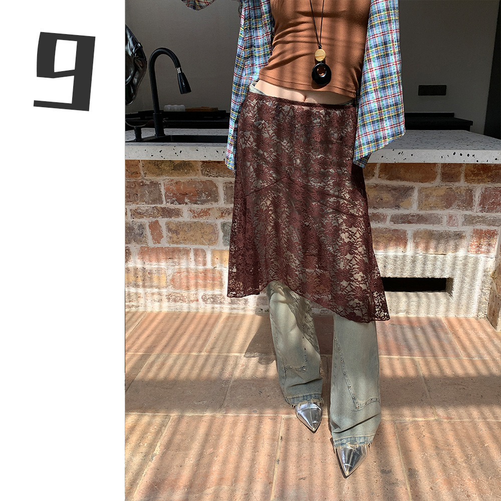 [9hour] Retro Stacked Pattern Skirt 2024 Early Autumn Lace Hollow Fart Curtain Skirt m11113