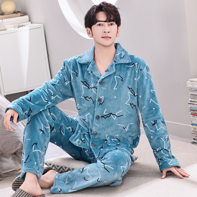 Pijamas de lana de coral coreana para hombres otoño y invierno engrosados franela se pueden usar cardigan de manga larga de invierno conjunto de ropa para el hogar