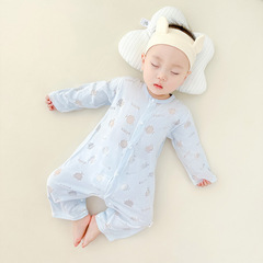 Baby clothes summer thin one-piece long-sleeve air conditioning clothes 0-2 years old unisex open jacket pajamas breathable back mesh