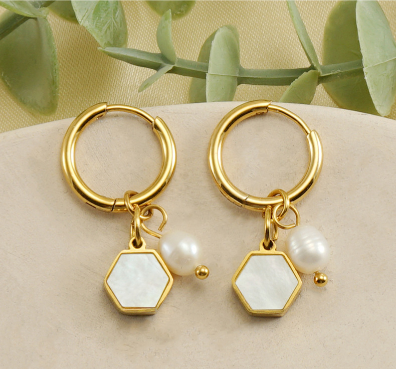 Fashion Hexagon Pearl Inlay Pearl Shell Drop Earrings 1 Pair display picture 3