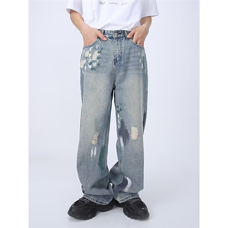 Celebrity-Inspired Voguo Relay Slimming Jeans with Ripped Design, Loose Straight-Leg Floor-Length Wide-Leg for Men and Women