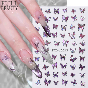 Cross-Border New Nail Art Stickers Ins Fantasy Purple Cat Eye Laser Purple Butterfly Adhesive Nail Stickers Wholesale
