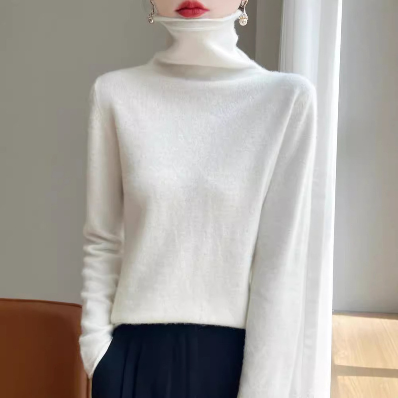 100% Pure Woolen Sweater Women's Pile Collar Autumn and Winter Simple Sweater Stylik High Collar Top Knitted Base Shirt