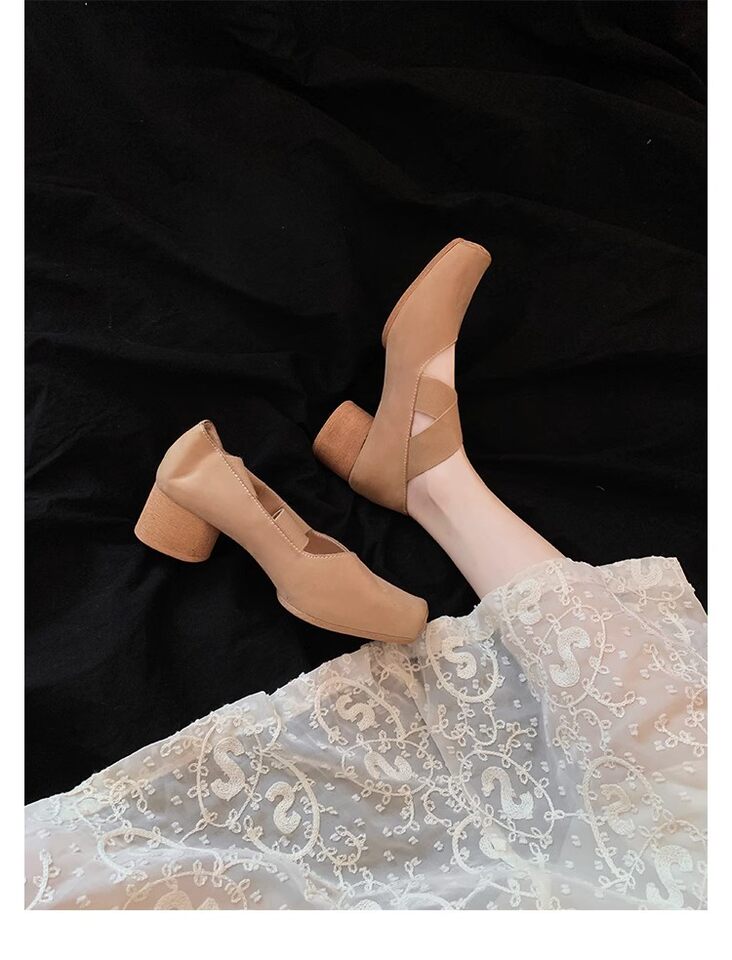 Giày búp bê nữ mũi vuông da cừu phối quai chéo, đế bệt gót thô 5 cm — Da đen (gót dày), Da đen (đáy phẳng), Màu trà sữa (gót dày), Màu trà sữa (đáy phẳng) chi tiết 81