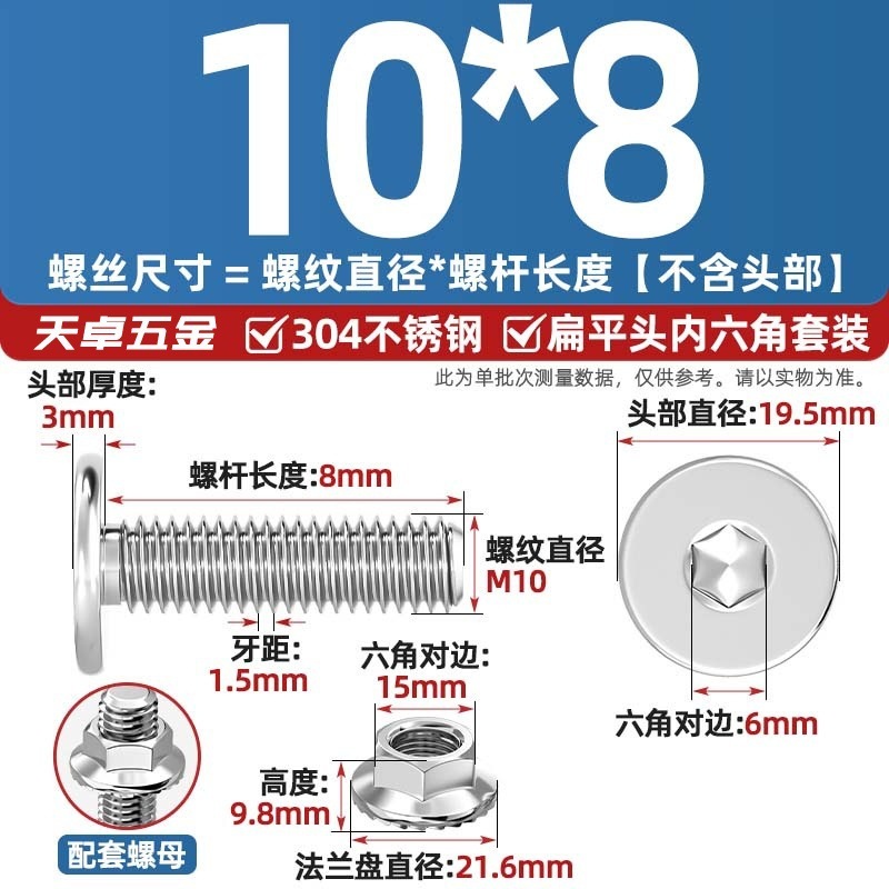 304不锈钢CM大平头超薄头C头扁平头内六角螺丝钉法兰边螺母套装M5|undefined