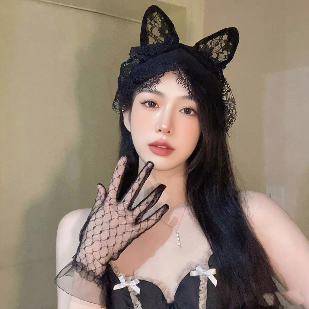 Negro sexy orejas de gato diadema de encaje femenino máscara de ojo cara cubierta de malla horquilla tocado de Halloween